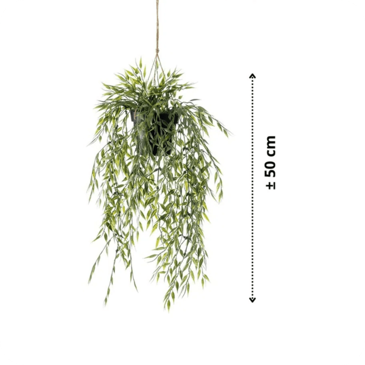 Artificial bamboo hanging plant in a decorative pot for indoor decor