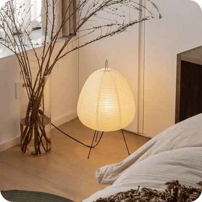 Standing tripod table lamp with traditional rice paper lantern material