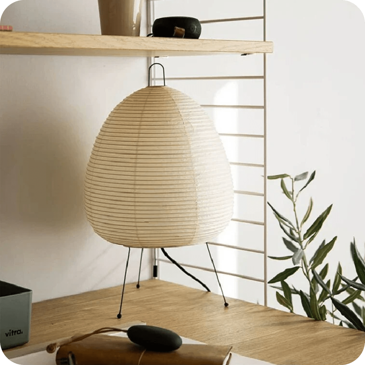 Japanese standing tripod table lamp with rice paper lantern shade