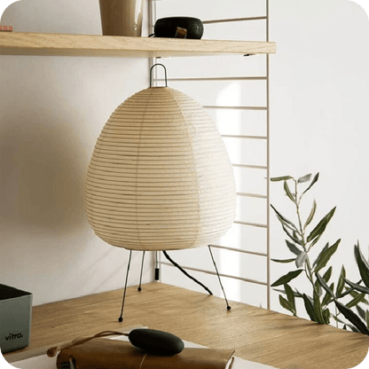 Japanese standing tripod table lamp with rice paper lantern shade