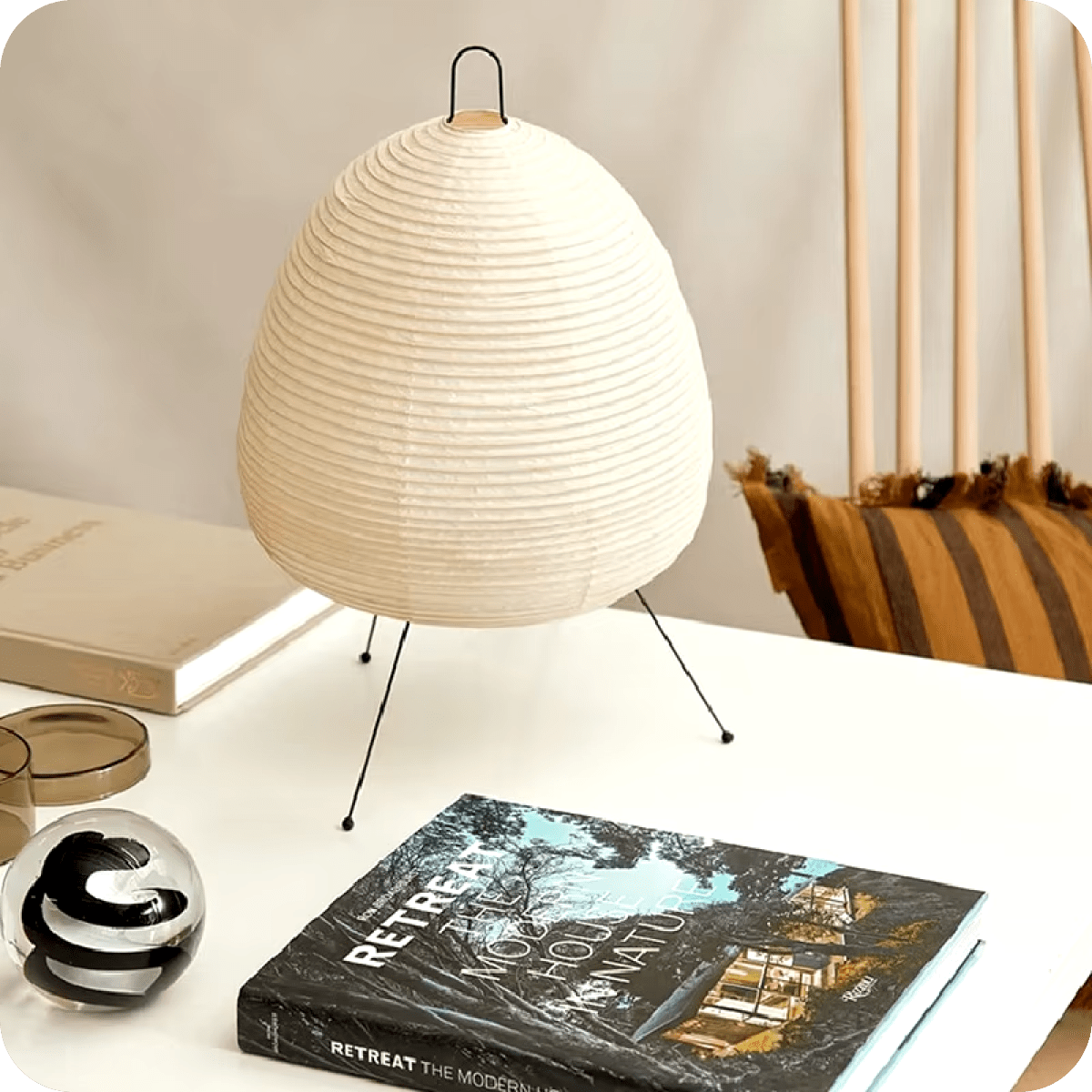 Contemporary Japanese tripod table lamp with soft, ambient glow